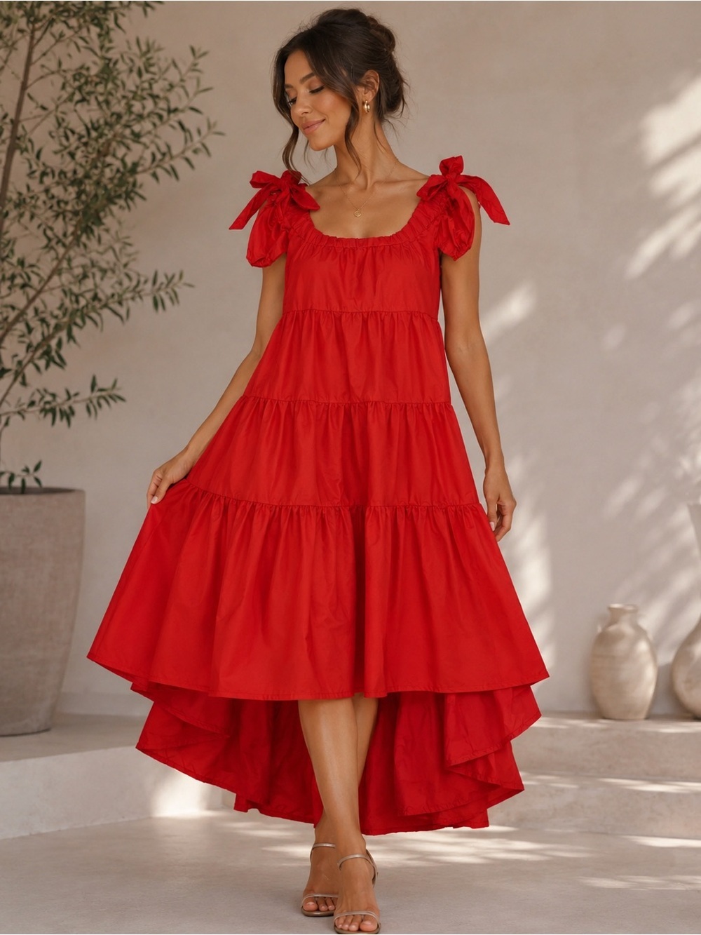 Anthropologie Orange Tiered High-Low Tie-Shoulder Dress
